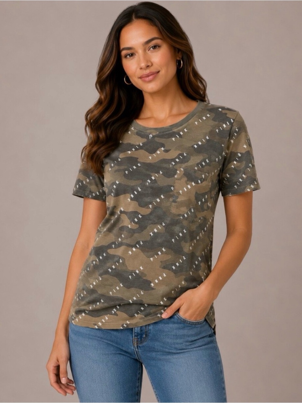 Victoria’s Secret PINK Women’s Camo Logo Pocket Tee Short Sleeve Graphic T-Shirt